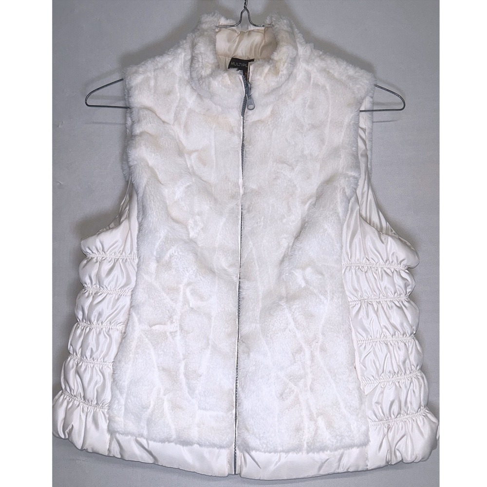 Multiples Petite Medium Ivory Cream Faux Fur Puffer Full Zip Vest